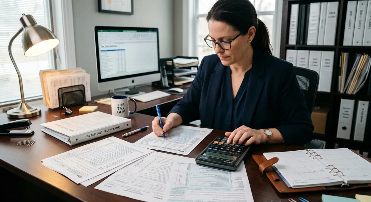 An accountant calculating figures on tax forms at a desk with a calculator and a monitor showing tax calculations