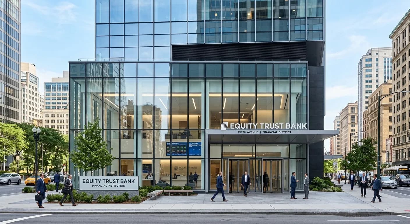 The glass storefront of a modern bank in a city financial district with people walking by