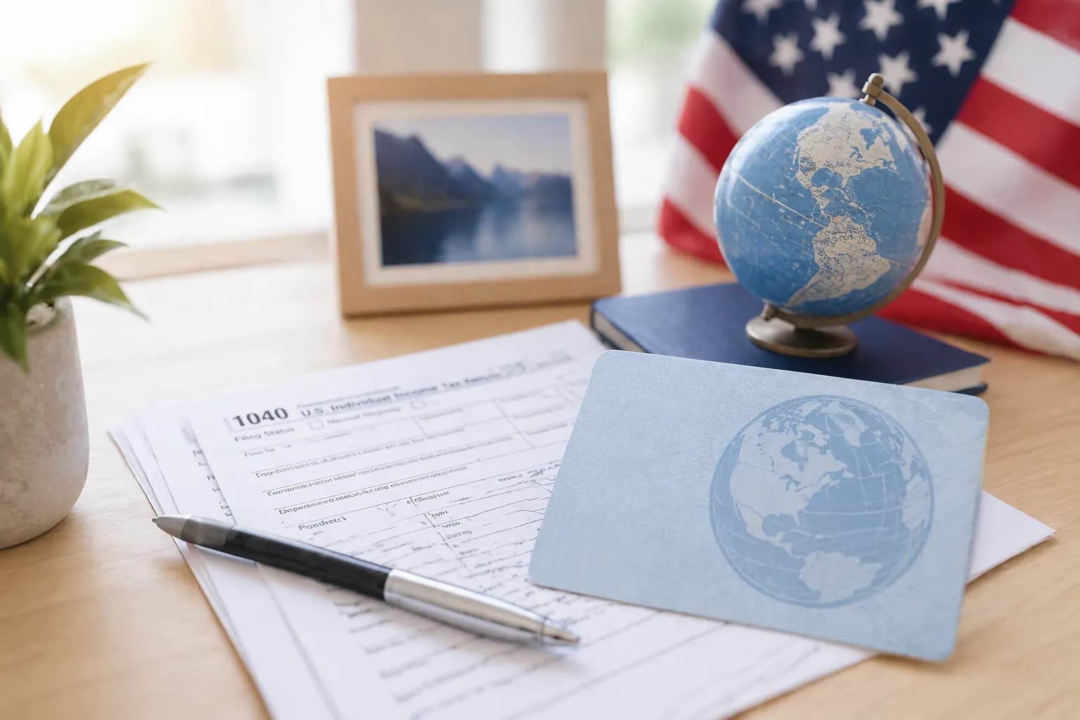 A desk with a 1040 tax form, a passport, a globe, and a U.S. flag