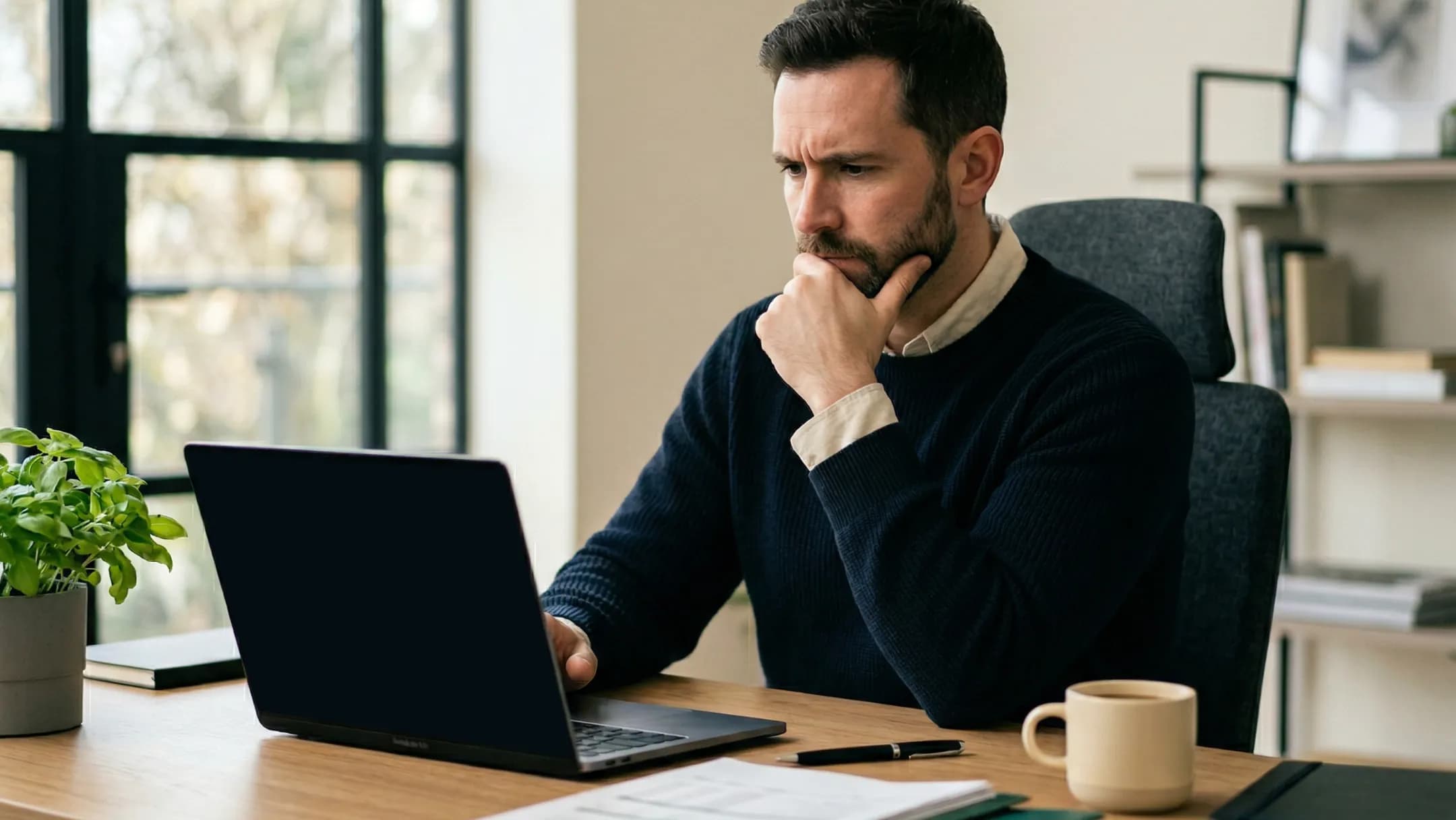 A man looking thoughtfully at a laptop while working at a desk