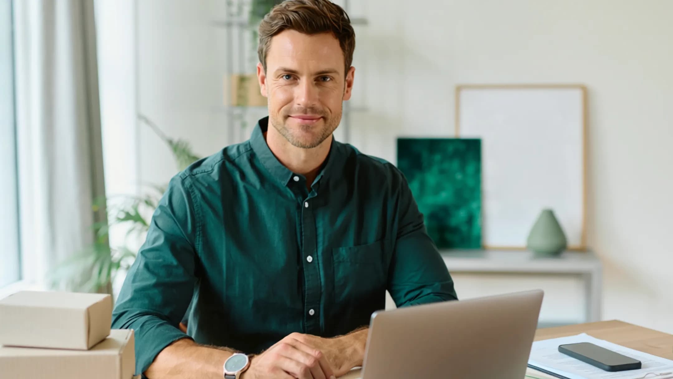 A smiling man in a green shirt working at a laptop in a bright home office