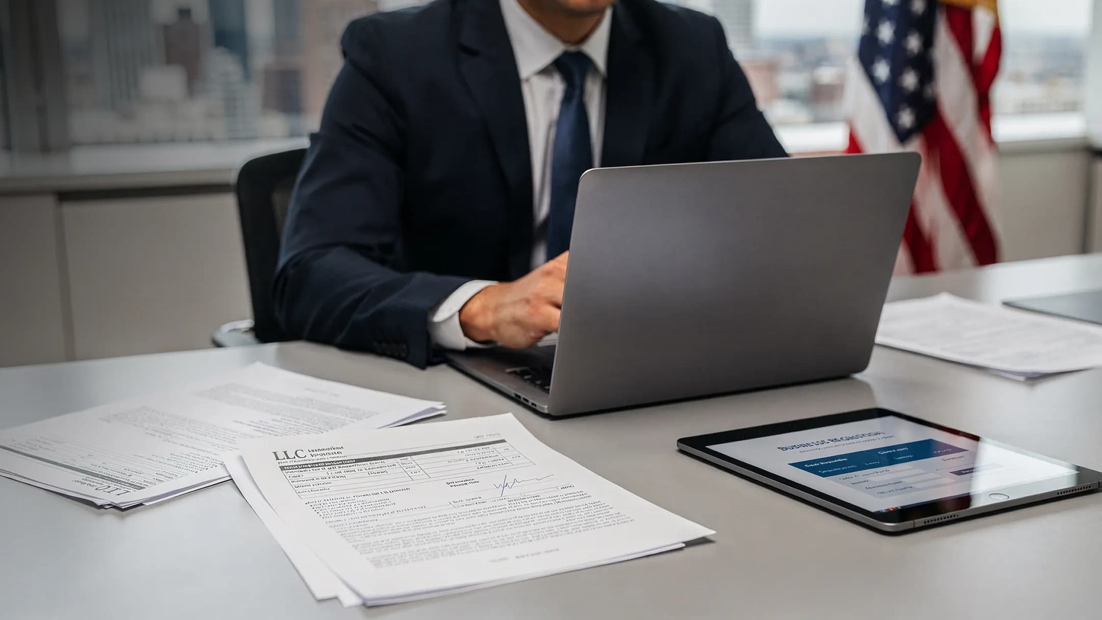 A businessman in a suit working on a laptop with LLC formation documents and a U.S. flag in the background