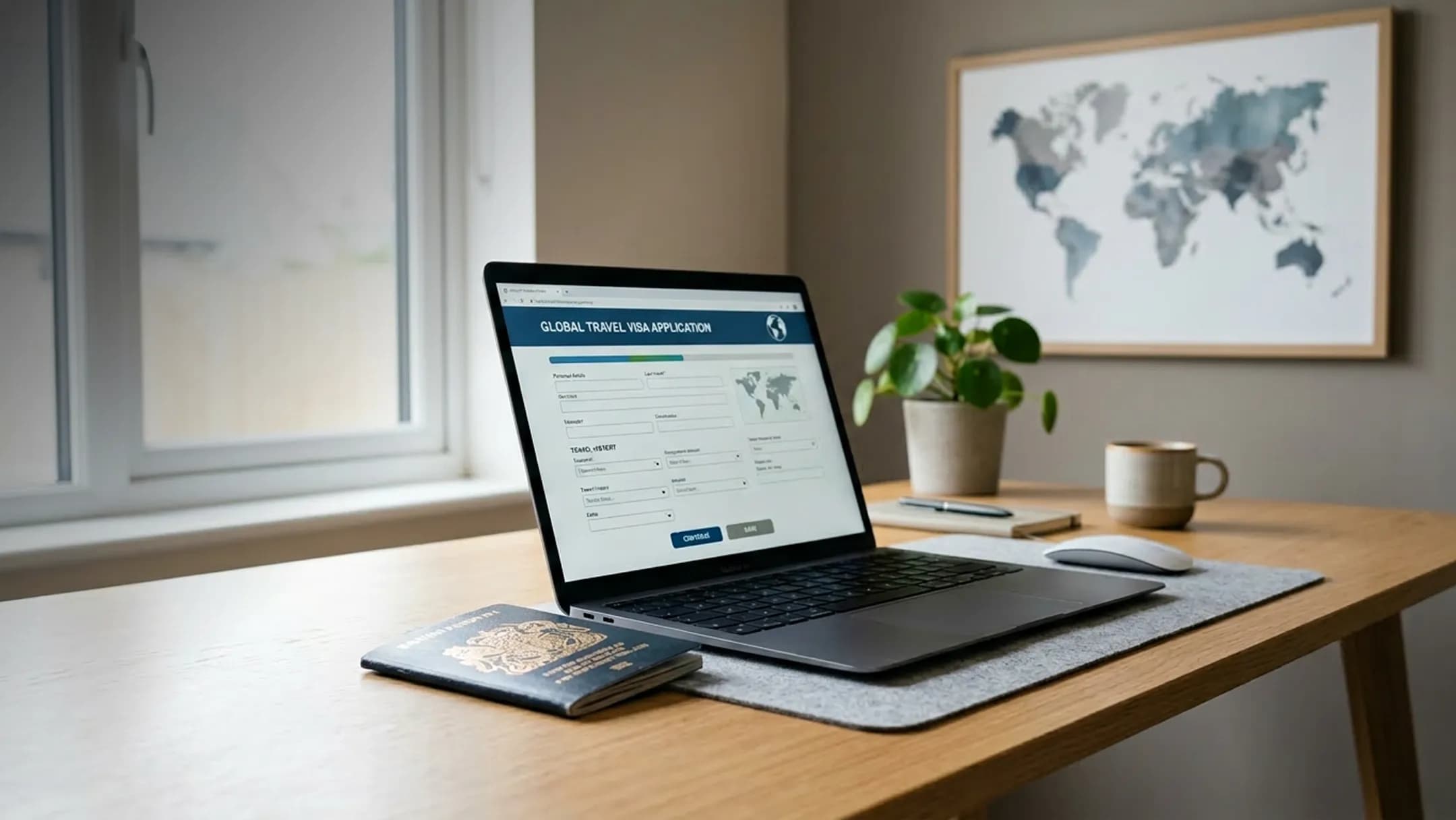 A laptop showing a visa application form beside a passport on a tidy desk, with a world map on the wall