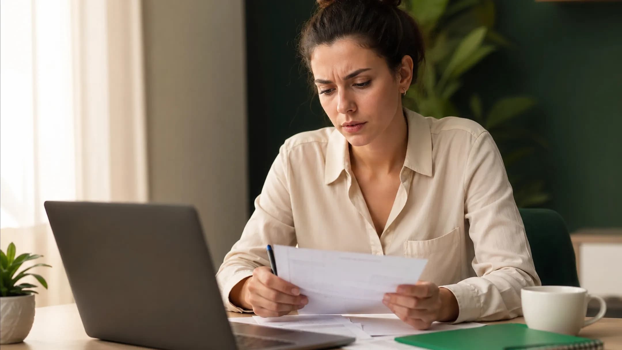 A woman at her laptop carefully reviewing a printed document at her desk
