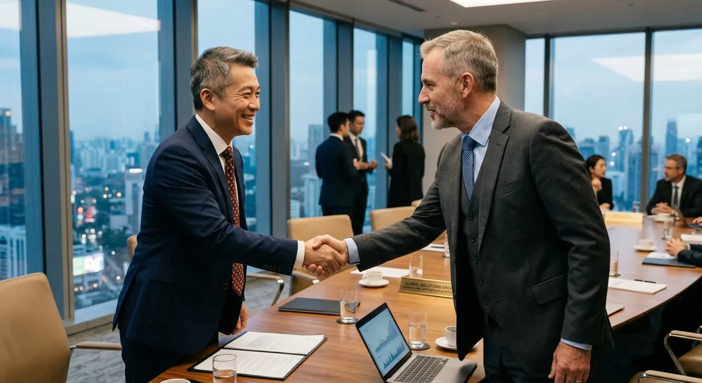Two businessmen shaking hands across a boardroom table with a city skyline behind them