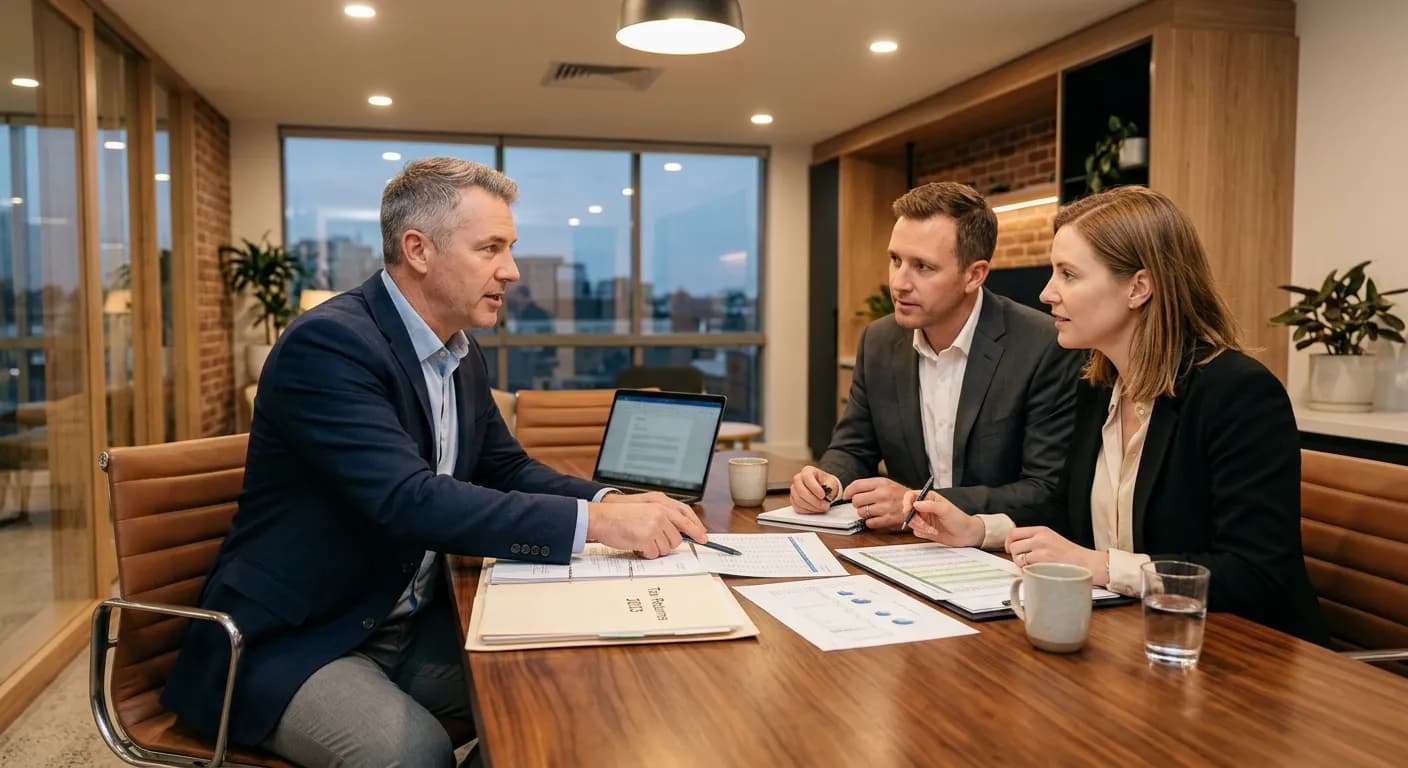 An advisor reviewing financial documents with a couple across a conference table at dusk