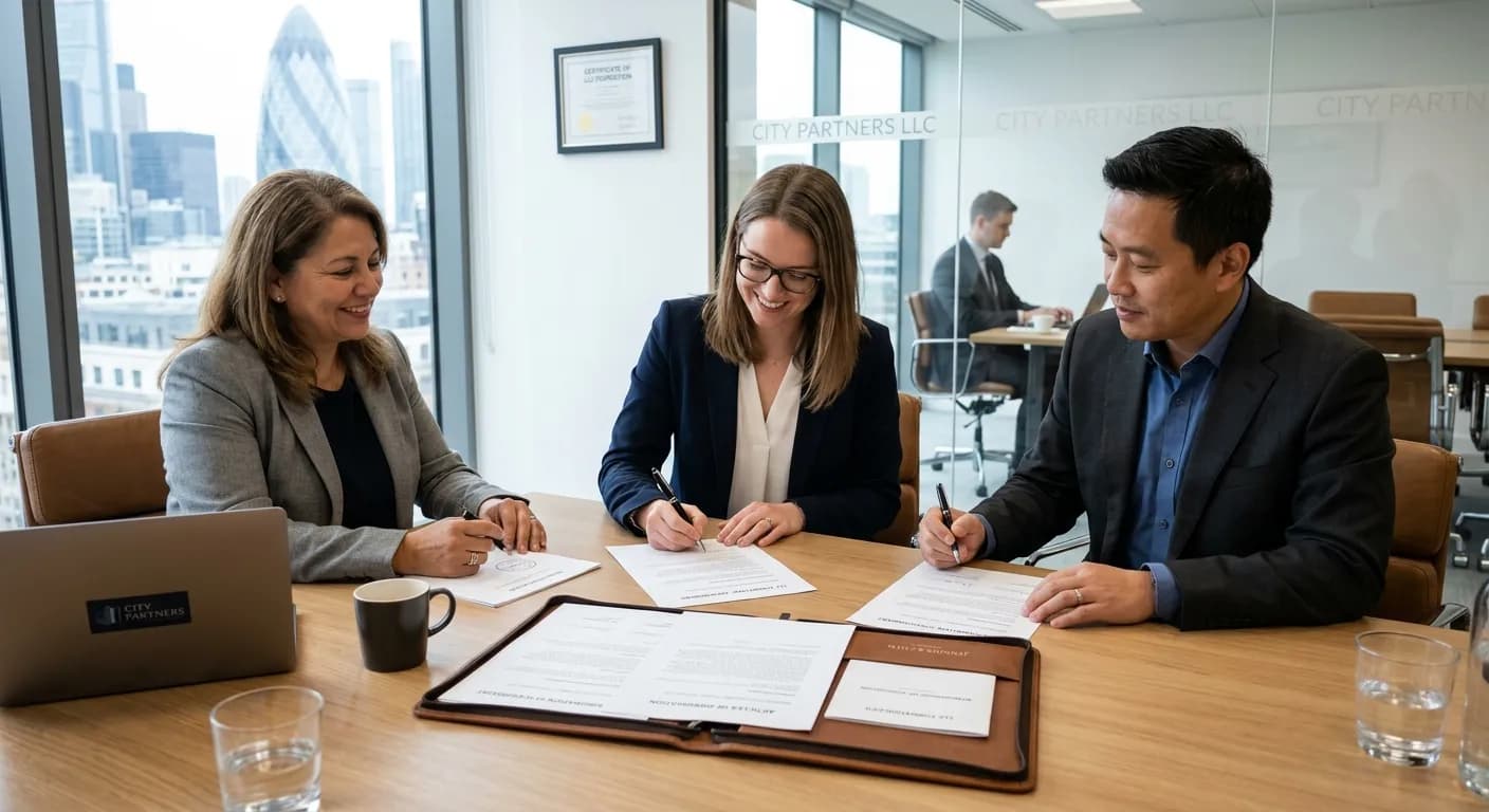 Three professionals signing incorporation documents at a conference table with a city skyline behind