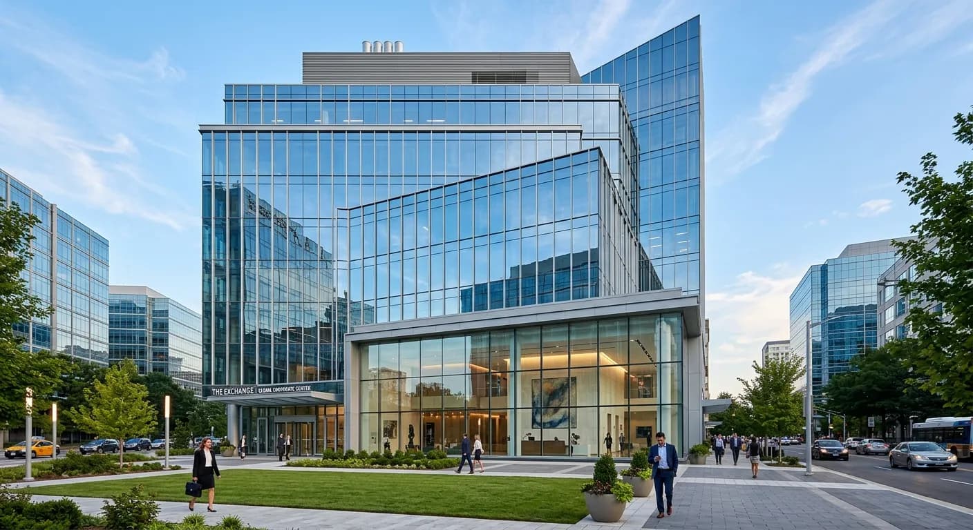 A modern glass commercial office building with people walking outside on a sunny day