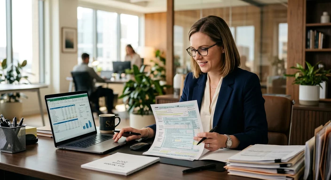 A bespectacled businesswoman reviewing tax documents beside a laptop showing spreadsheets in an office