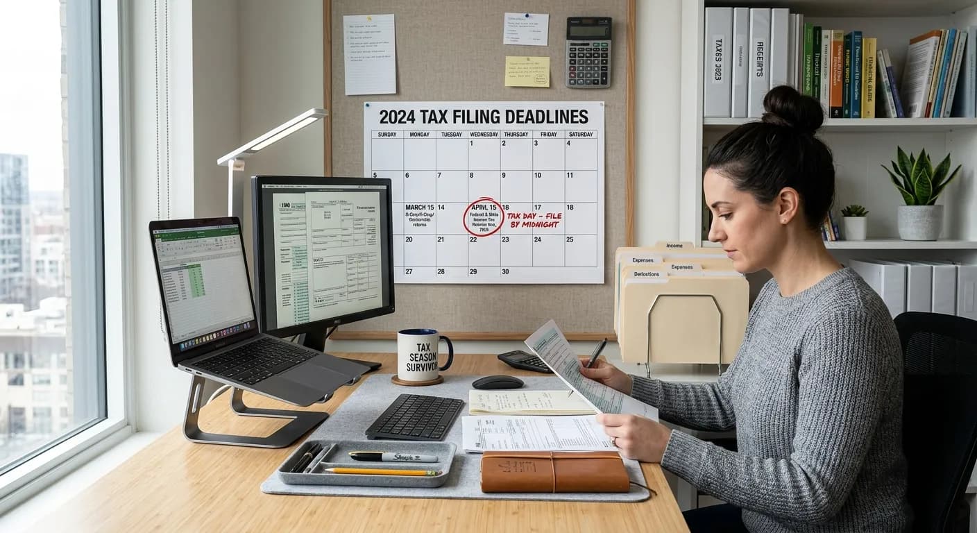 A woman working through tax paperwork at a desk with a tax-filing-deadlines calendar on the wall