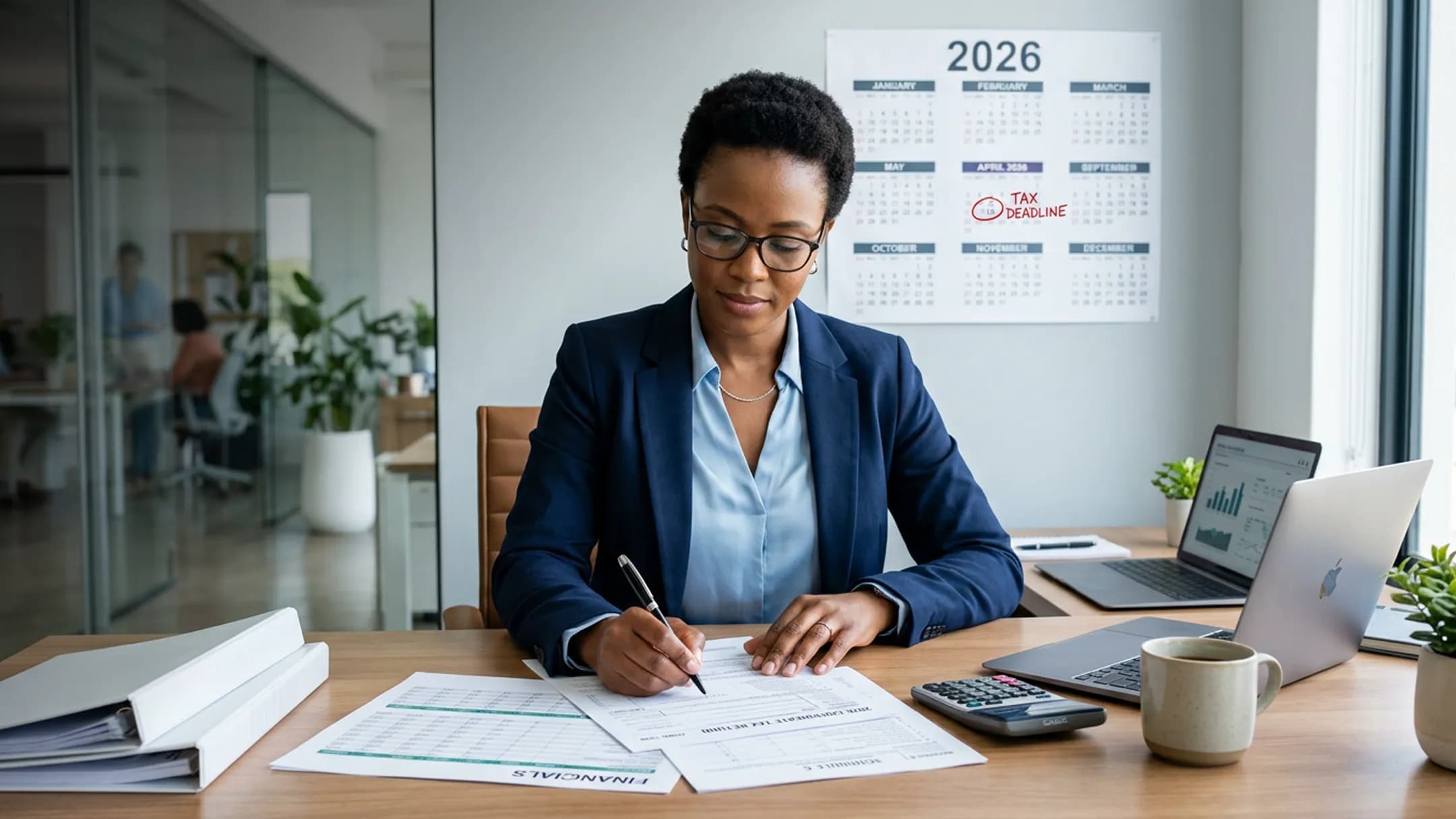 A businesswoman completing financial paperwork at a desk with a 2026 tax-deadline calendar behind her