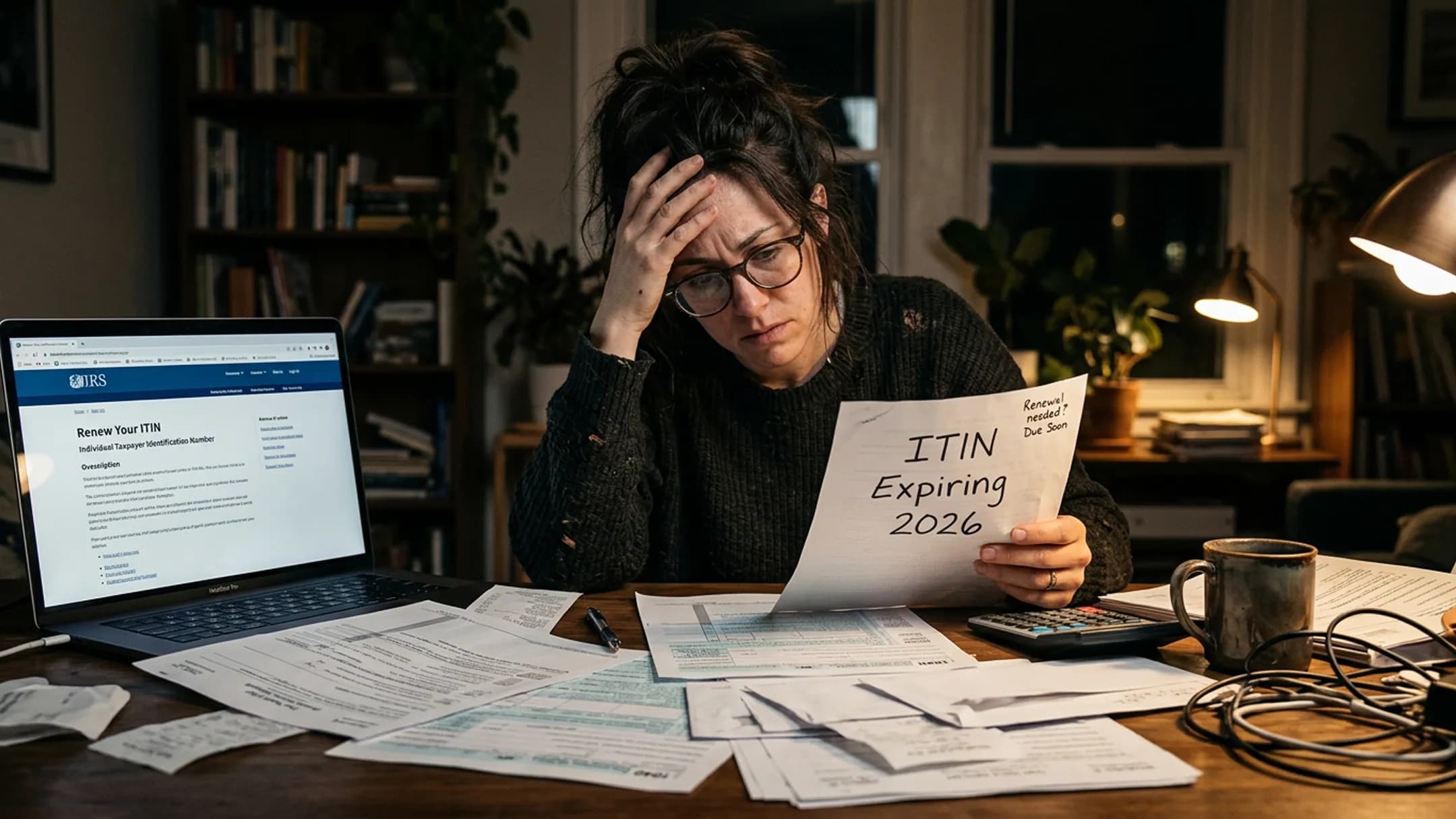 A worried woman at a dim desk holding a tax notice, surrounded by paperwork