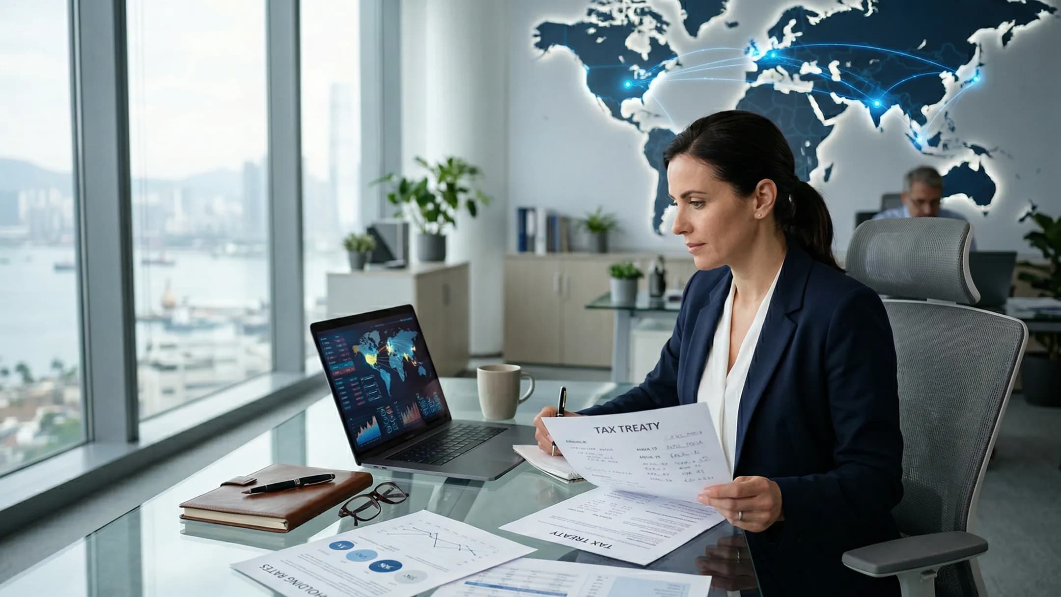 A businesswoman reviewing a tax treaty document at her desk, with a global connections map and harbor view behind her