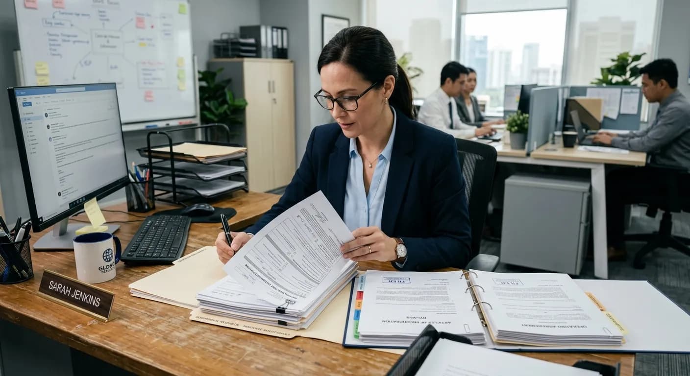 A businesswoman reviewing incorporation paperwork and binders at her desk in a busy office