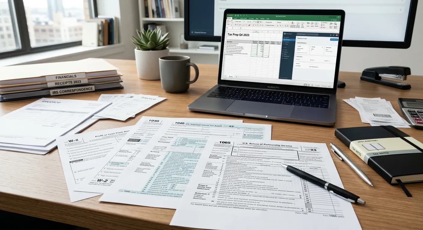 A desk covered with U.S. tax forms beside a laptop showing a tax-prep spreadsheet