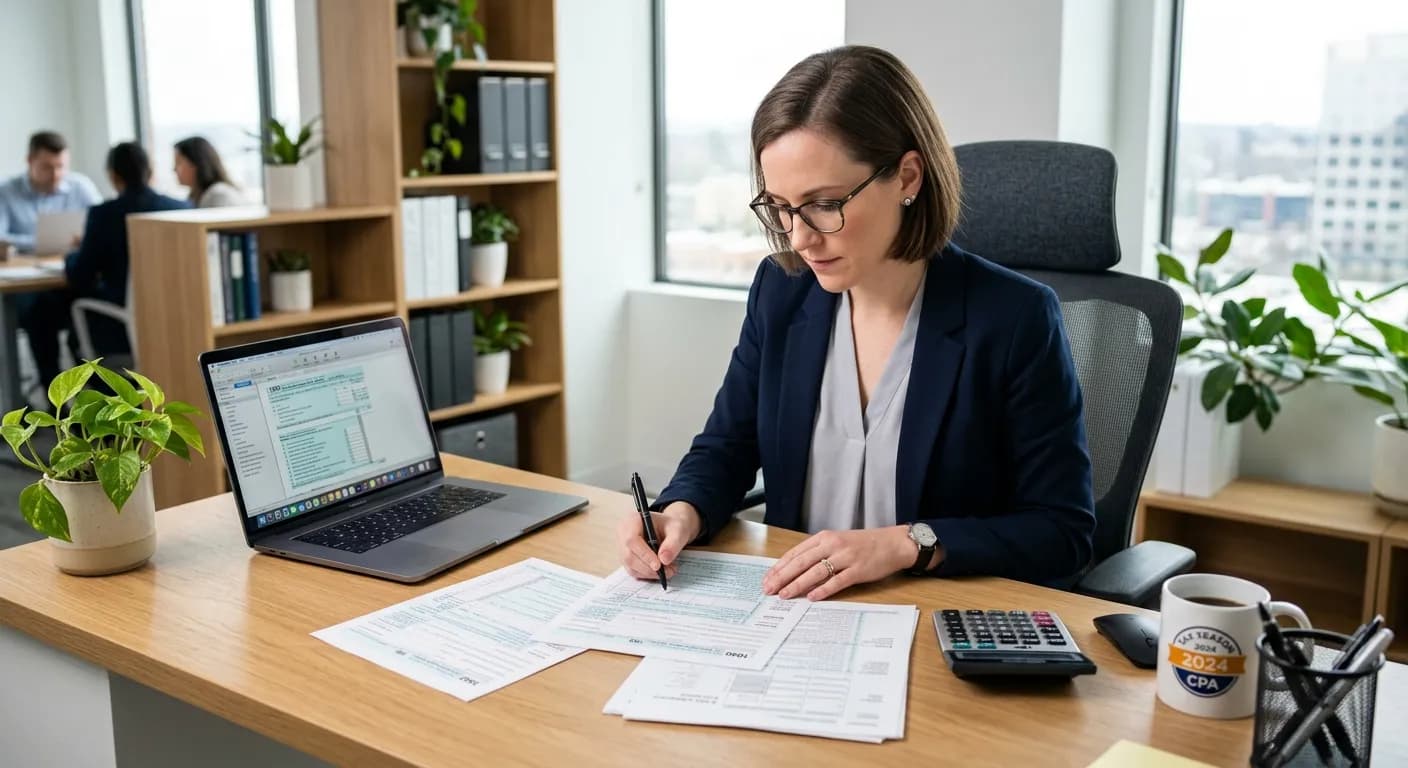 A CPA completing tax forms at a desk with a laptop and calculator in a bright office