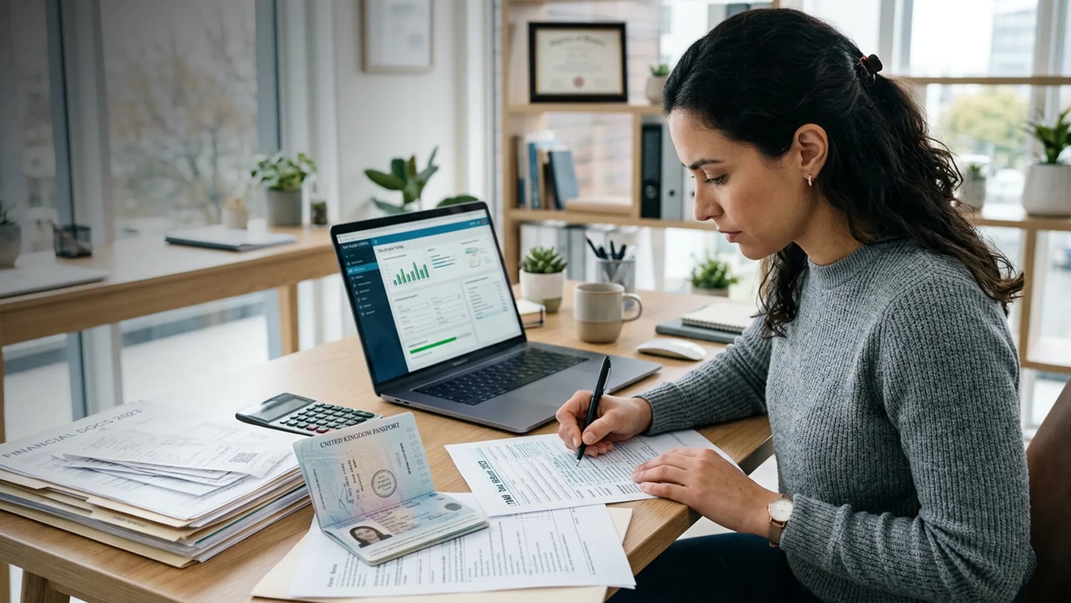 A woman completing immigration paperwork at a desk with a passport, calculator, and a laptop showing charts