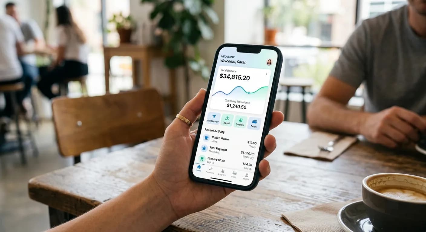 A hand holding a phone showing a banking app account balance in a cafe