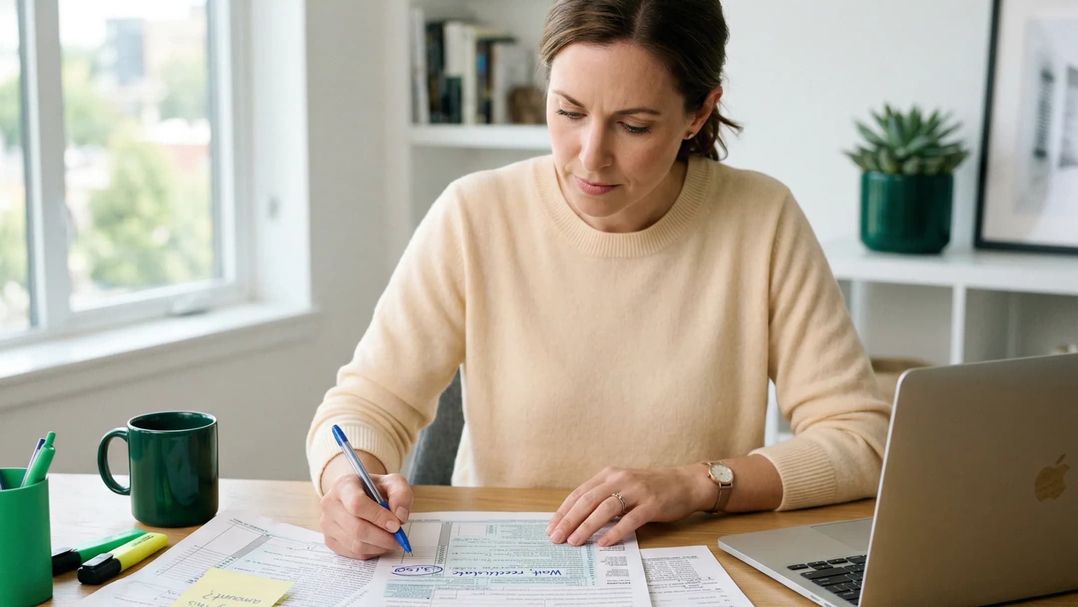 A woman in a cream sweater filling out paperwork at a home desk with a laptop and coffee