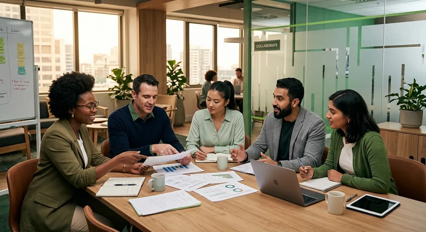 A diverse team collaborating around a table with charts and a laptop in a green-accented office