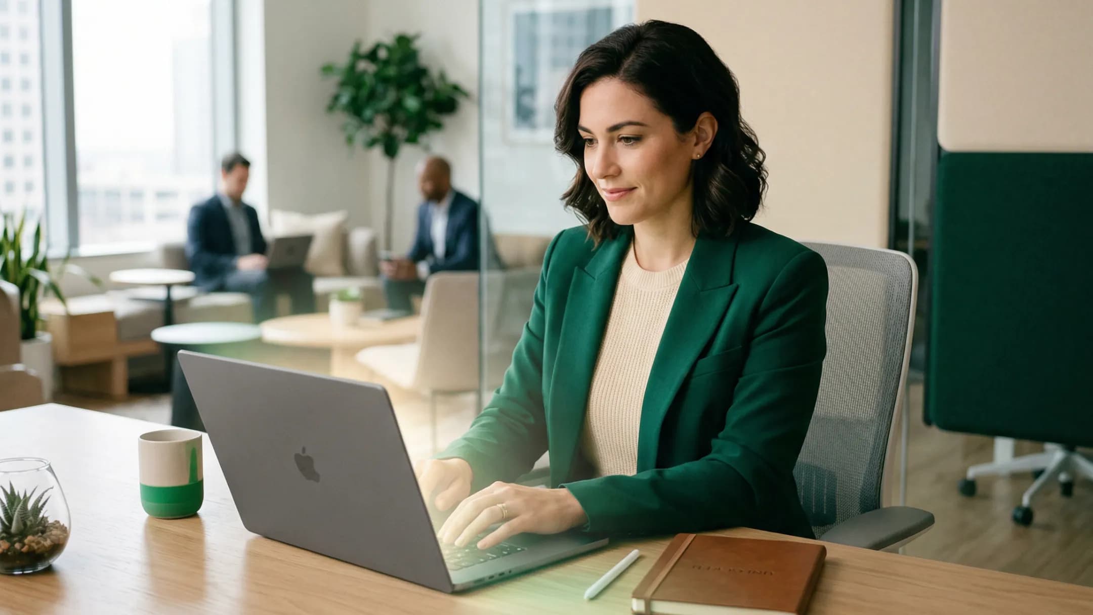 A businesswoman in a green blazer working on a laptop in a bright modern office
