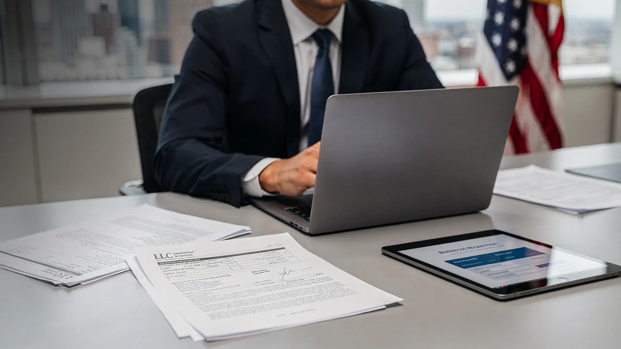 A businessman in a suit working on a laptop with LLC formation documents and a U.S. flag in the background