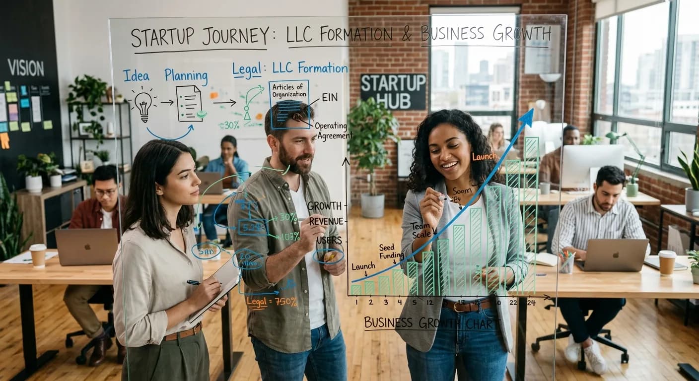 Entrepreneurs in a coworking space with a startup-journey diagram showing LLC formation and a business growth chart