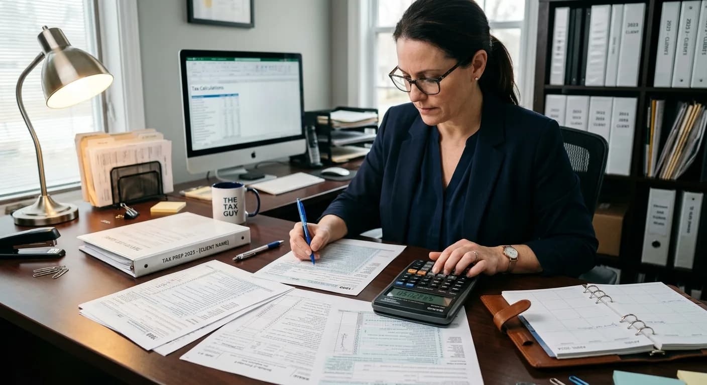 An accountant calculating figures on tax forms at a desk with a calculator and a monitor showing tax calculations