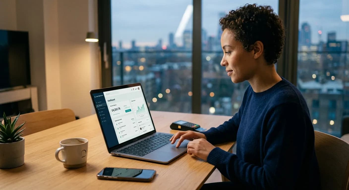 A woman reviewing a financial dashboard with account balances and charts on a laptop, a city skyline at dusk behind her