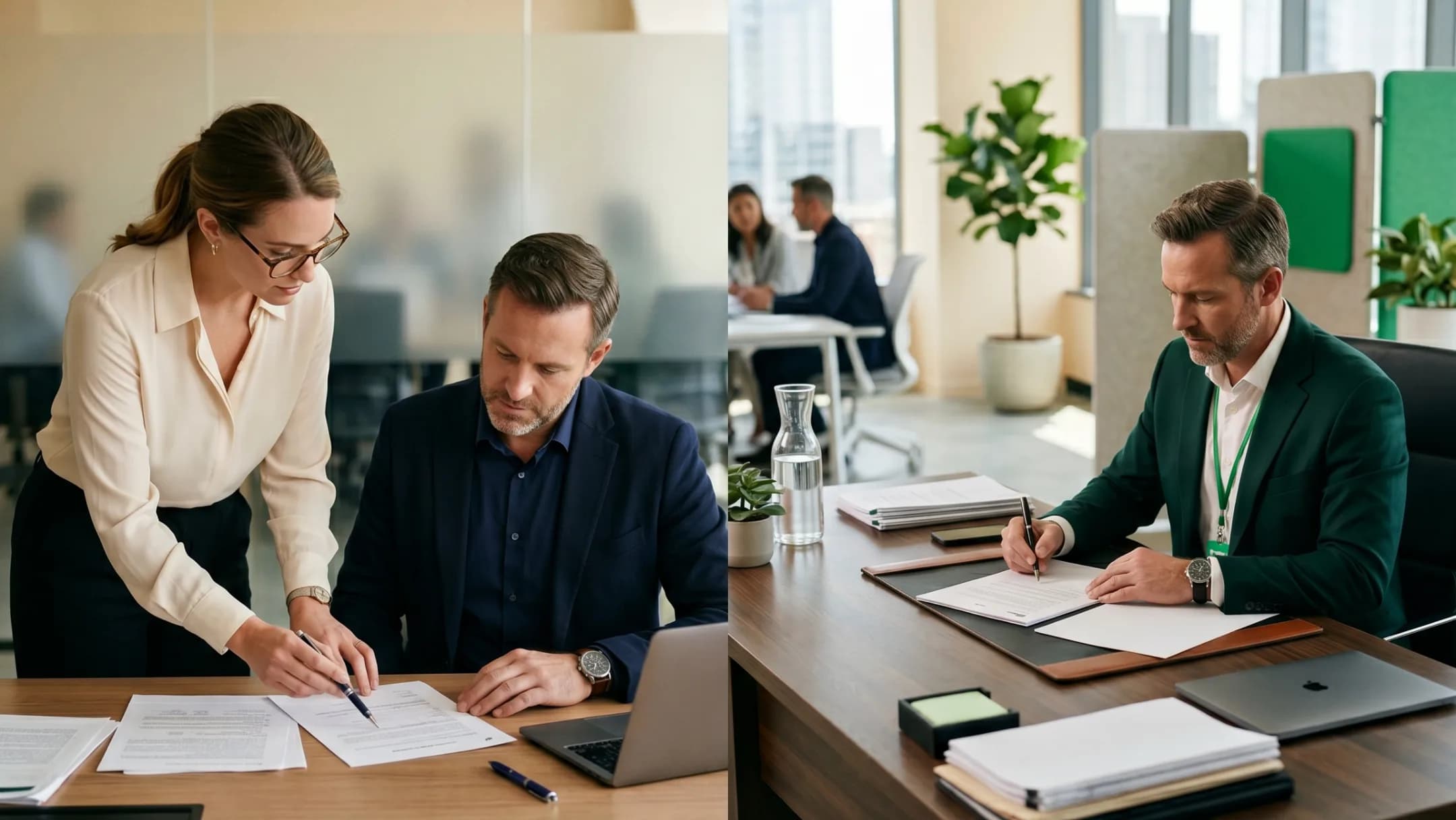Professionals signing and reviewing business documents at desks in a modern office